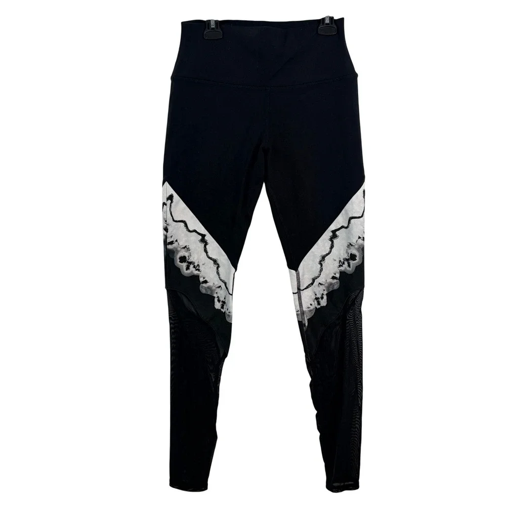 Alo Yoga Leggings Medium Black White Marble Mesh High Waist Moto Activewear